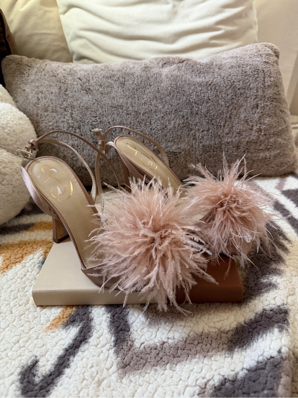 Sam Edelman Leon Praline Feather Pom Pom Detail Ankle Strap High Heels